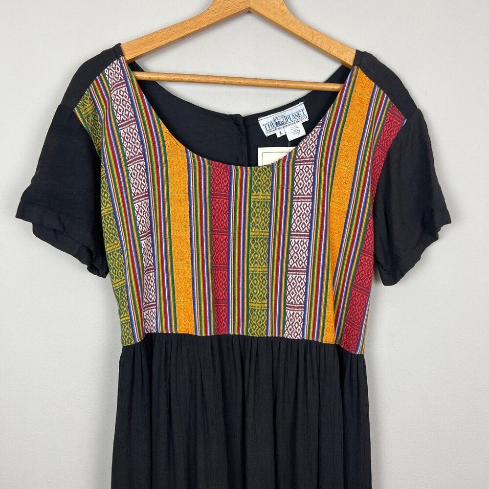 The Planet Maxi Dress Large Black Multicolor Nepal Gauze Peasant Hippie Boho New - Picture 5 of 14
